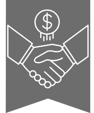 Banner decorative icon of two hands shaking and a coin with a dollar sign above the hands