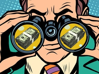 flat image of man looking through binoculars and seeing dollar bill stacks